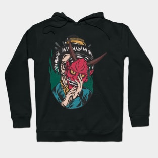 Hand drawing skull with oni mask Hoodie